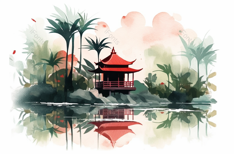 红色屋檐传统亭台楼阁风景插画,插画/手绘图,插画/手绘图库,插画/手绘图下载,插画/手绘